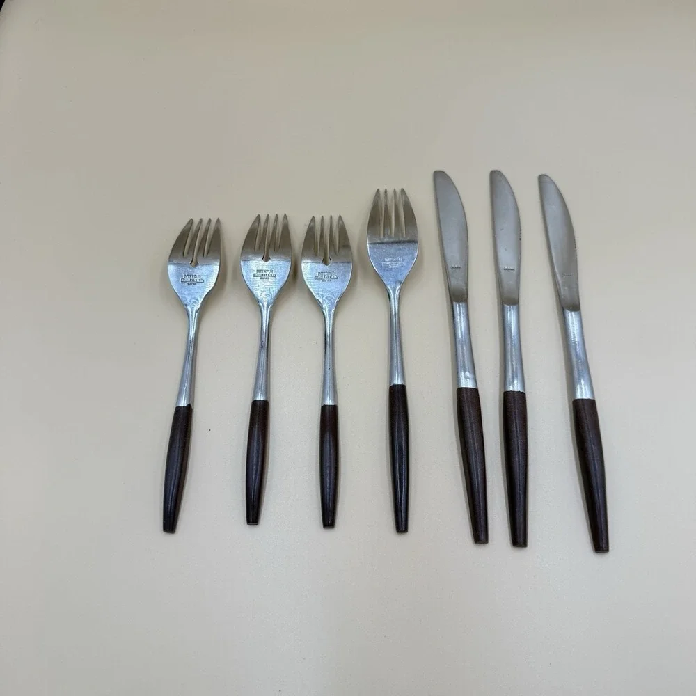 Lot of 7 Interpur Stainless Steel Brown Handle Dinner  Flatware Japan Replace